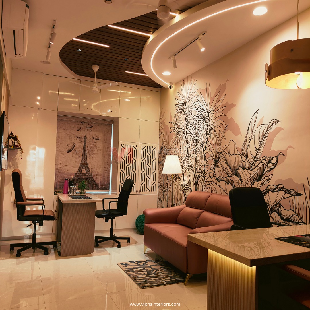Viona Interiors office and experience centre in Pune — botanical mural lounge